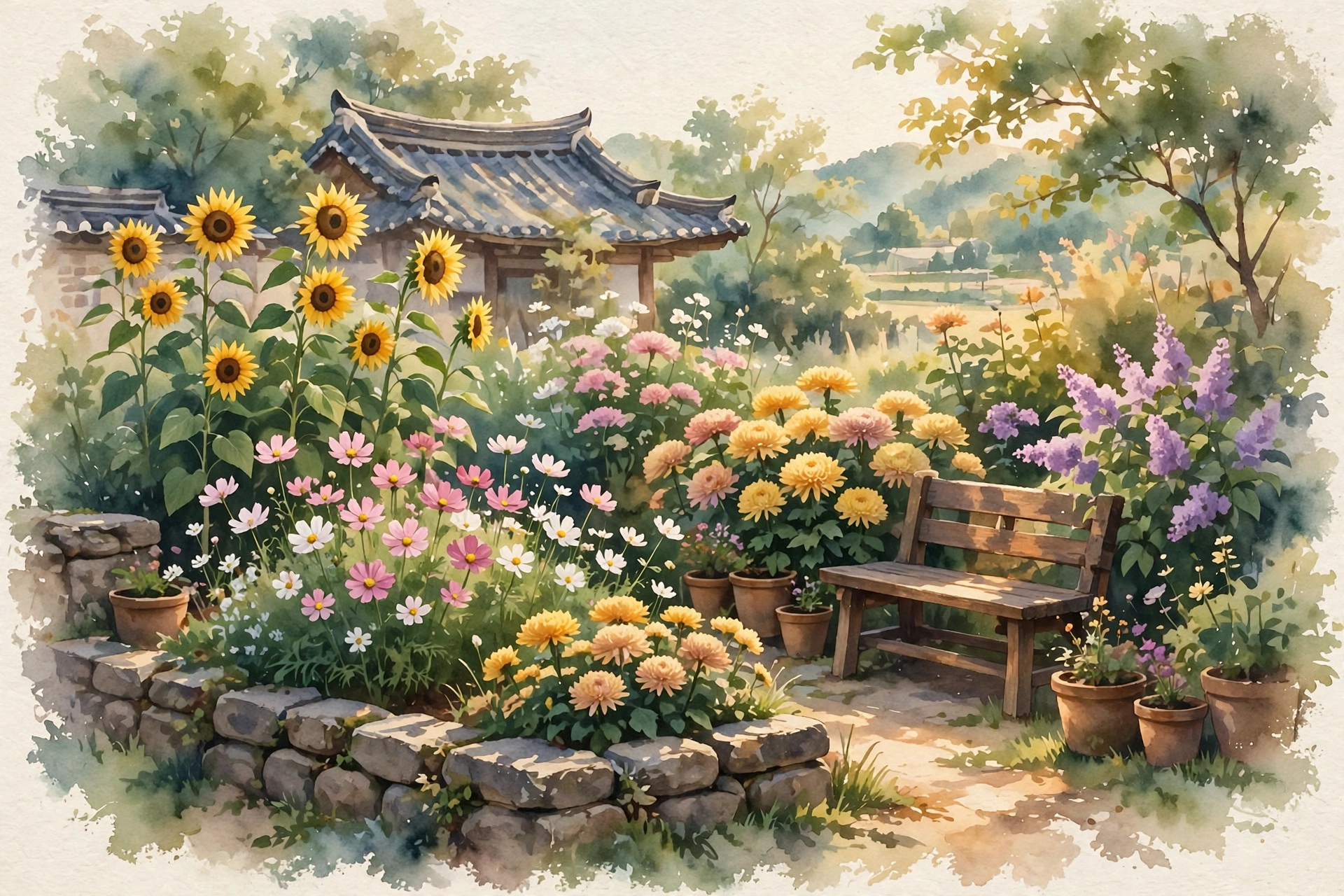 해바라기와 코스모스가 핀 따뜻한 시골 정원 수채화
