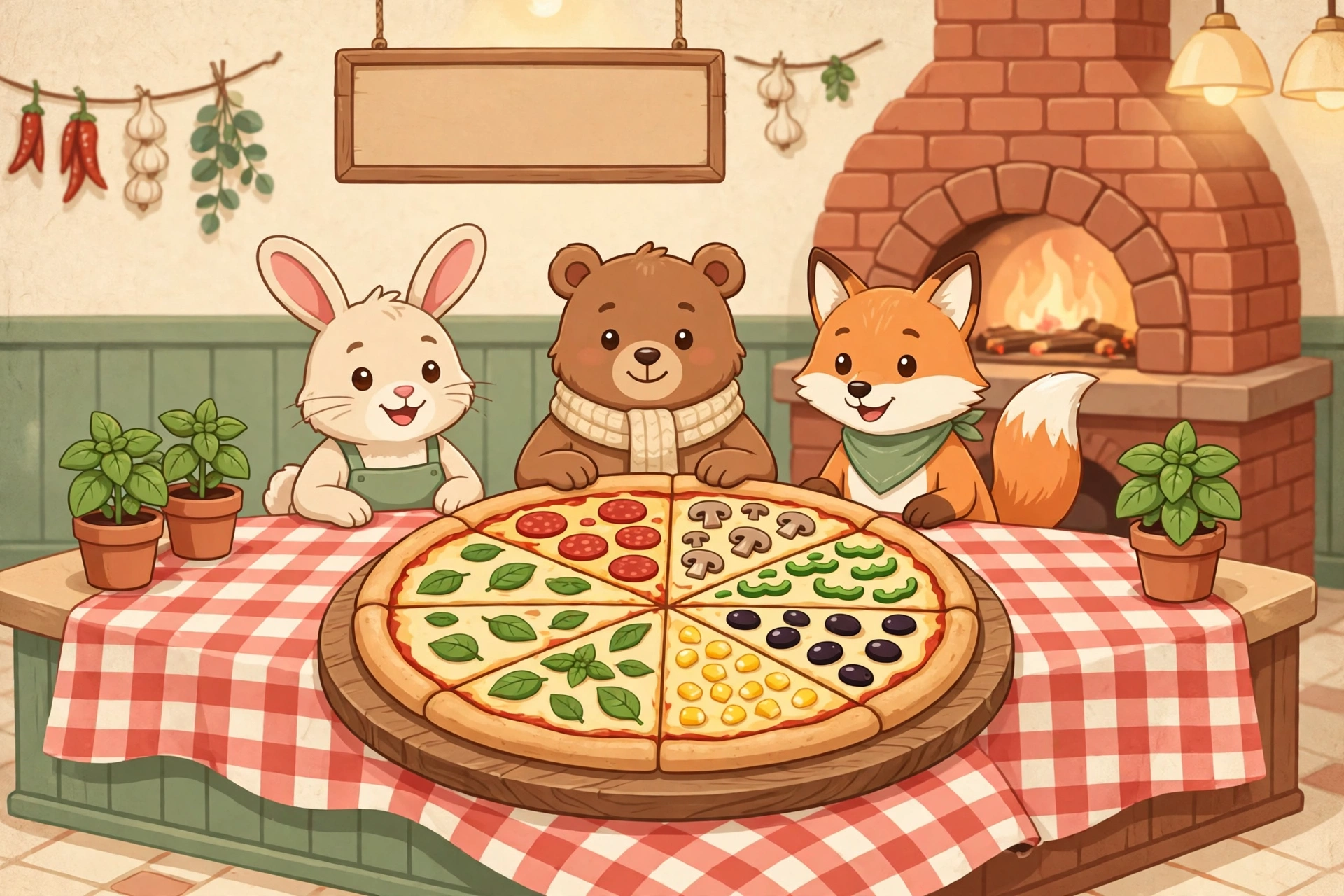 피자 가게에서 여러 토핑이 올라간 피자를 앞에 두고 기다리는 토끼, 곰, 여우 손님들